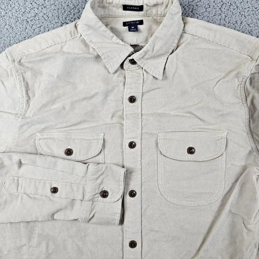 J Crew Shirt Mens Medium Beige Corduroy Classic Fit Long Sleeve Pockets Workwear